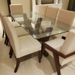 Comedor Denver en cristal templado base de parota para 8 personas