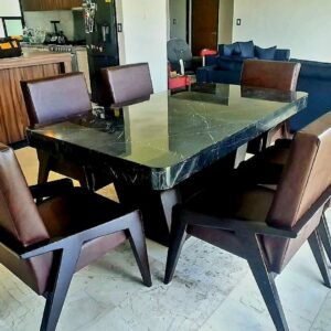 Comedor Omala en Mármol negro base de parota para 6 personas