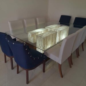 Comedor Belaggio en cristal templado base de ónix iluminado para 10 personas