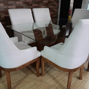 Set Comedor Beatriz en cristal templado base de Parota para 6 personas