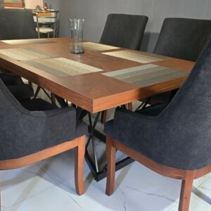 Set Comedor Beatriz industrial en parota base de metal trenzado para 6 personas